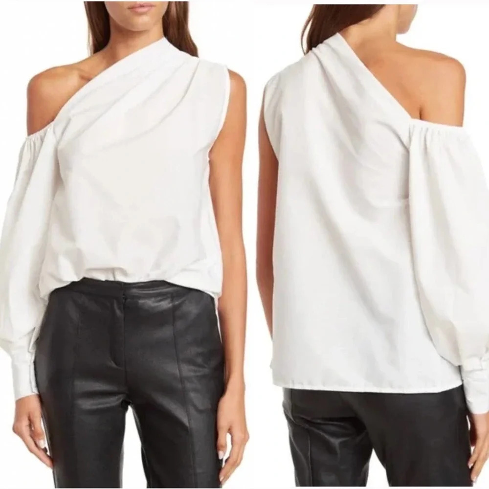 HL Affair One Side Off the Shoulder Blouse Top White Long Sleeve Size Medium